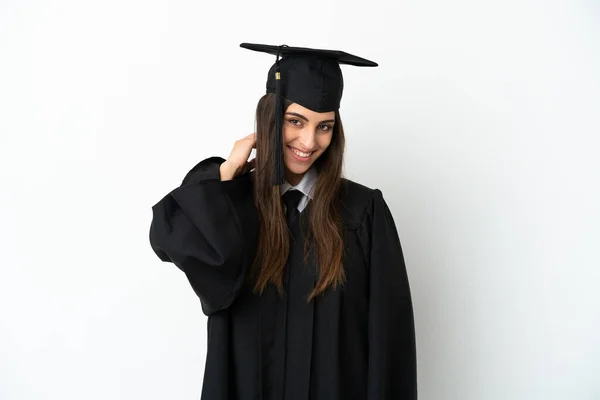 Νέος Απόφοιτος Πανεπιστημίου Απομονωμένος Λευκό Φόντο Γελώντας — Φωτογραφία Αρχείου