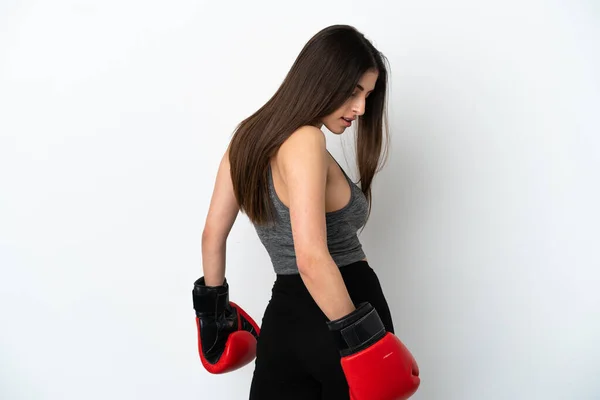 Junge Kaukasische Frau Isoliert Auf Weißem Hintergrund Mit Boxhandschuhen — Stockfoto