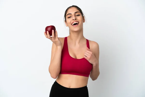 Mujer Joven Caucásica Aislada Sobre Fondo Blanco Con Una Manzana — Foto de Stock