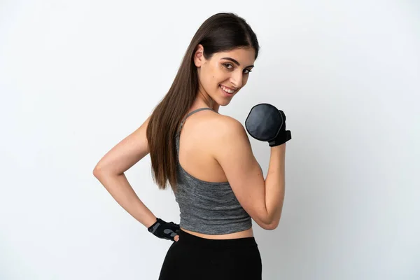 Jonge Kaukasische Vrouw Geïsoleerd Witte Achtergrond Maken Gewichtheffen — Stockfoto
