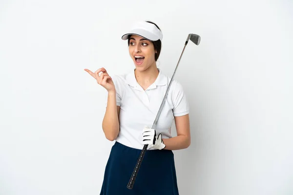 Belle Jeune Joueuse Golf Femme Isolée Sur Fond Blanc Dans — Photo