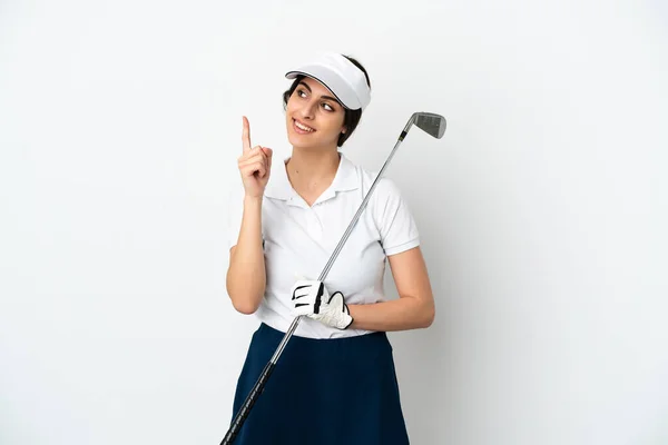 素晴らしいアイデアを指摘白い背景に隔離されたハンサムな若いゴルファー選手の女性 — ストック写真