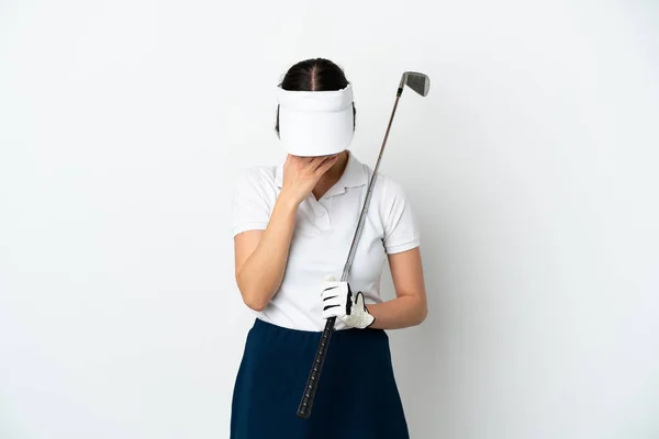 Guapo Joven Jugador Golf Mujer Aislada Sobre Fondo Blanco Con — Foto de Stock