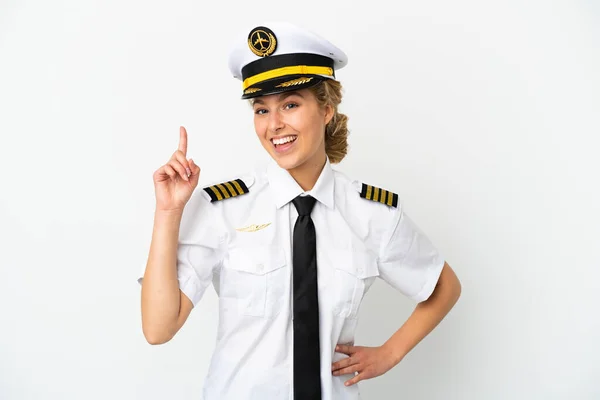 Flugzeug Blonde Pilotin Isoliert Auf Weißem Hintergrund Zeigt Und Hebt — Stockfoto