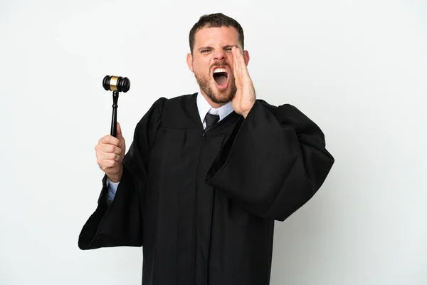Judge Caucasian Man Isolated White Background Shouting Mouth Wide Open — Stock Photo, Image