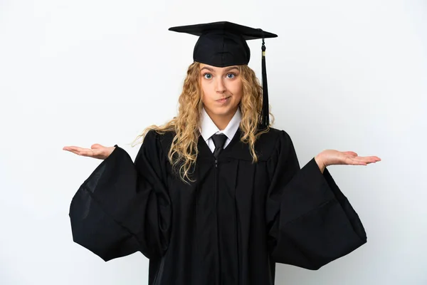 Graduação Universitária Jovem Isolado Fundo Branco Com Dúvidas Levantar Mãos — Fotografia de Stock