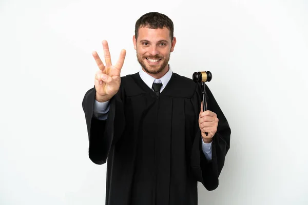 Juiz Caucasiano Homem Isolado Fundo Branco Feliz Contando Três Com — Fotografia de Stock