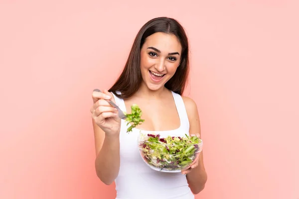 Young Caucasian Woman Holding Salad Isolated Pink Background — Stock Photo, Image
