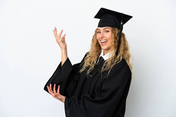 Graduação Universitária Jovem Isolado Fundo Branco Estendendo Mãos Para Lado — Fotografia de Stock