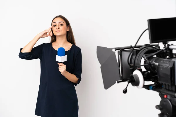 Reporter Woman Holding Microphone Reporting News Isolated White Background Having — Stock Photo, Image