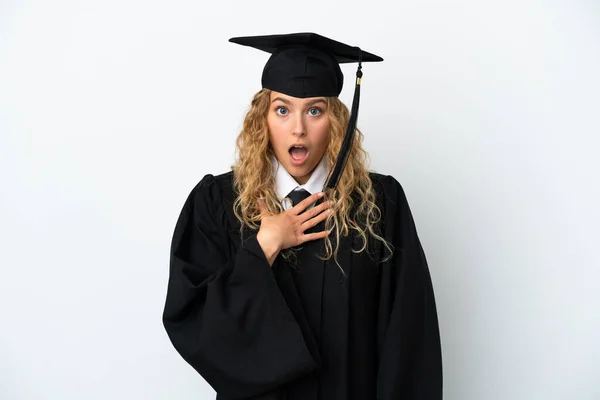 Jovem Universidade Graduado Isolado Fundo Branco Surpreso Chocado Olhar Para — Fotografia de Stock