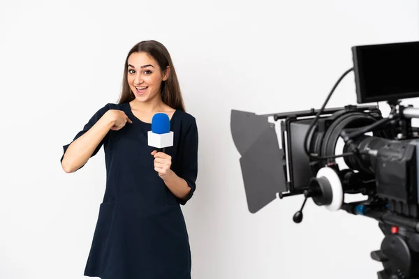 Reporter Woman Holding Microphone Reporting News Isolated White Background Surprise — Stock Photo, Image