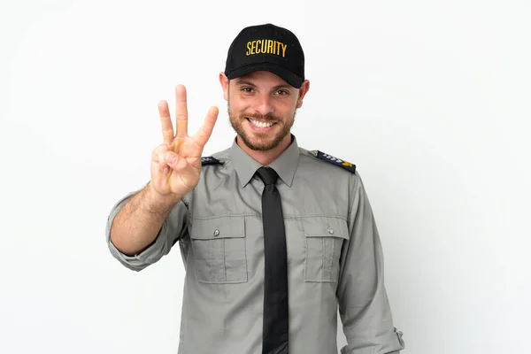 Молодий Бразильський Чоловік Ізольований Білому Тлі Щасливий Налічує Три Пальцями — стокове фото