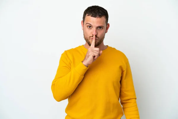 Jonge Braziliaanse Man Geïsoleerd Witte Achtergrond Met Een Teken Van — Stockfoto