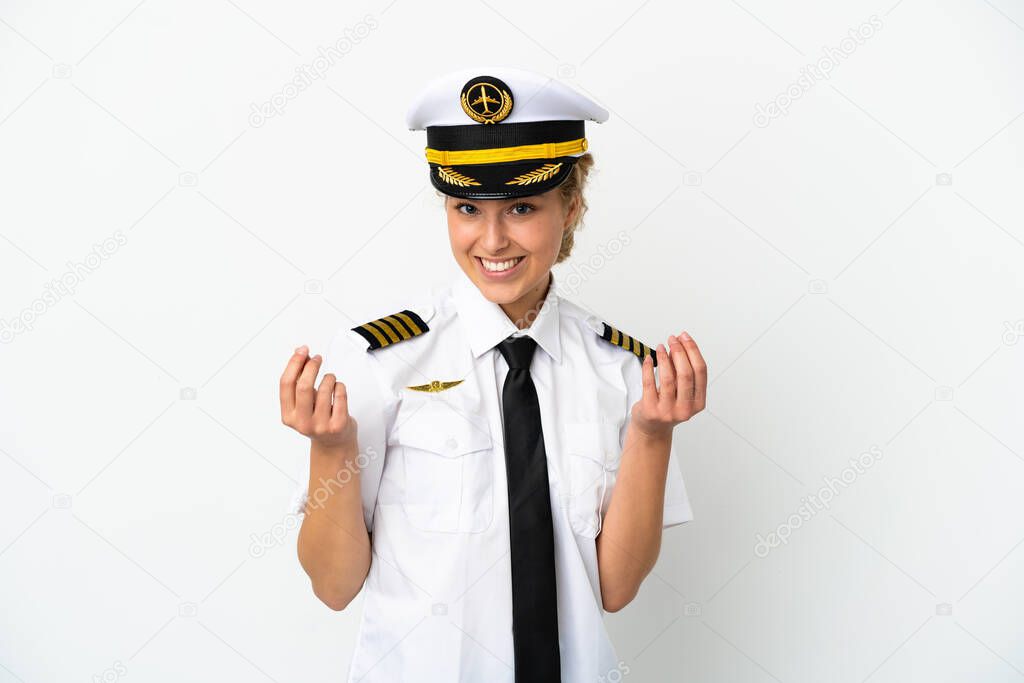 Airplane blonde woman pilot isolated on white background making money gesture