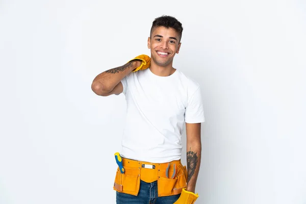 Young Brazilian Electrician Manipulated Isolated White Background Laughing — 图库照片