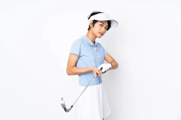 Wanita Muda Vietnam Pemain Golf Atas Dinding Putih Yang Terisolasi — Stok Foto