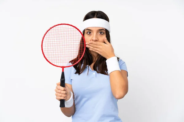 Genç Badminton Oyuncusu Kadın Izole Edilmiş Beyaz Arka Planda Ağzı — Stok fotoğraf