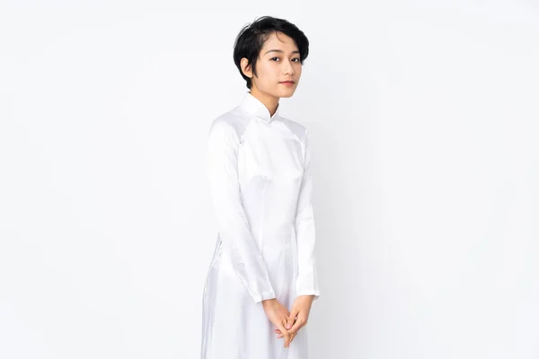 Ung Vietnamesisk Kvinna Med Kort Hår Bär Traditionell Klänning Över — Stockfoto
