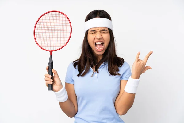 Joven Jugador Bádminton Mujer Sobre Fondo Blanco Aislado Haciendo Gesto —  Fotos de Stock