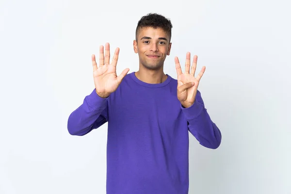 Jonge Braziliaanse Man Geïsoleerd Witte Achtergrond Tellen Negen Met Vingers — Stockfoto