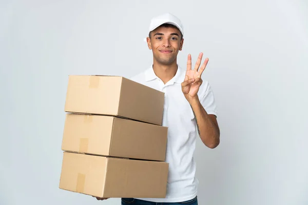 Entrega Homem Brasileiro Isolado Fundo Branco Feliz Contando Três Com — Fotografia de Stock