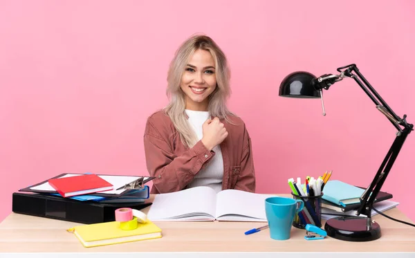 Young Student Woman Working Table Celebrating Victory — Stockfoto