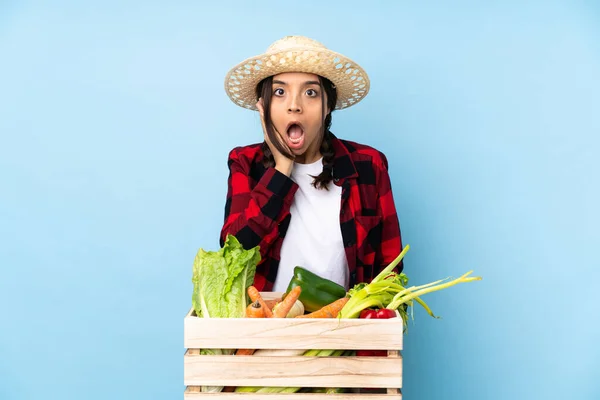 Joven Agricultora Mujer Sosteniendo Verduras Frescas Una Canasta Madera Con — Foto de Stock