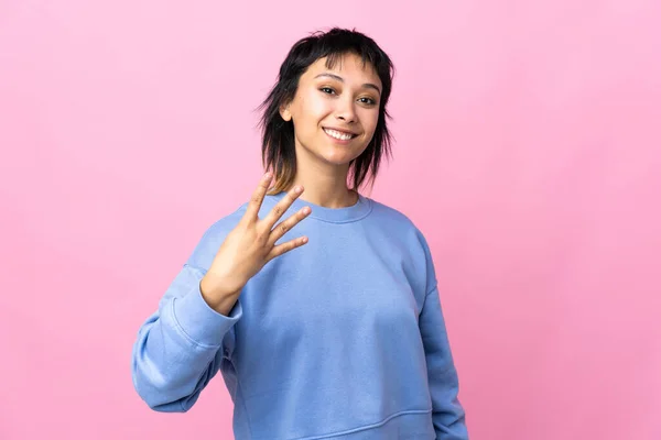 Young Uruguayan Woman Isolated Pink Background Happy Counting Four Fingers — Stockfoto
