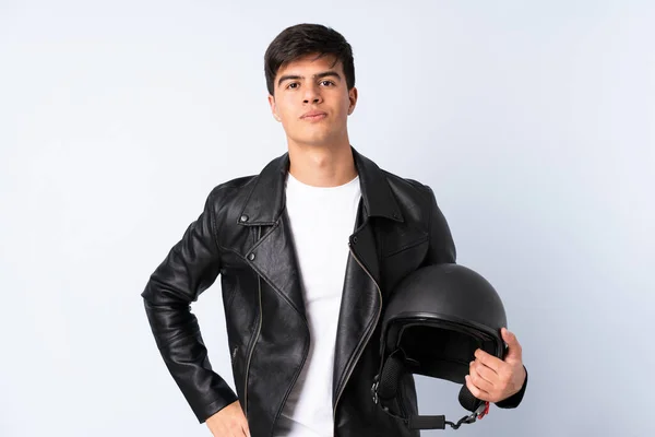 Man Motorcycle Helmet Isolated Blue Background Keeping Arms Crossed — Foto de Stock