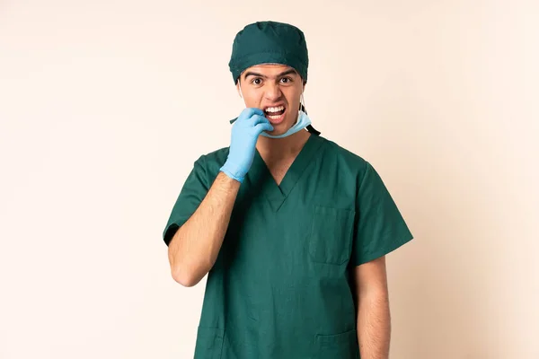 Surgeon Man Blue Uniform Isolated Background Nervous Scared — 图库照片