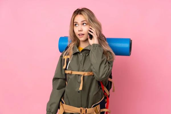 Teenager Russian Mountaineer Girl Big Backpack Isolated Pink Background Keeping — ストック写真