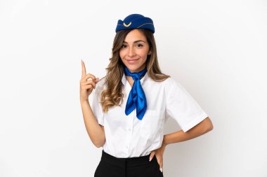 İzole edilmiş beyaz arka plan üzerinde uçak hostesi işaret parmağı harika bir fikir.