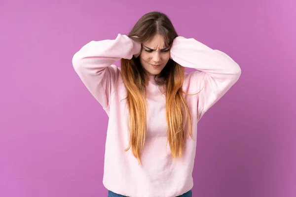 Young Caucasian Woman Isolated Purple Background Frustrated Covering Ears — Stock Photo, Image