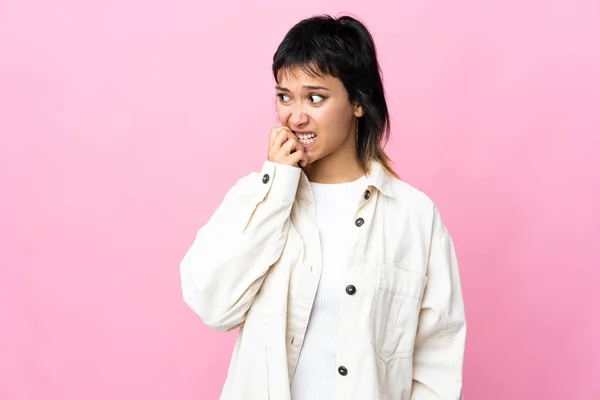 Young Uruguayan Woman Isolated Pink Background Little Bit Nervous — Stok fotoğraf