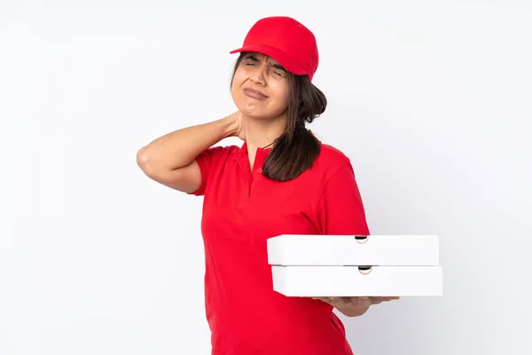 Jovem Pizza Entrega Menina Sobre Isolado Fundo Branco Com Decote — Fotografia de Stock