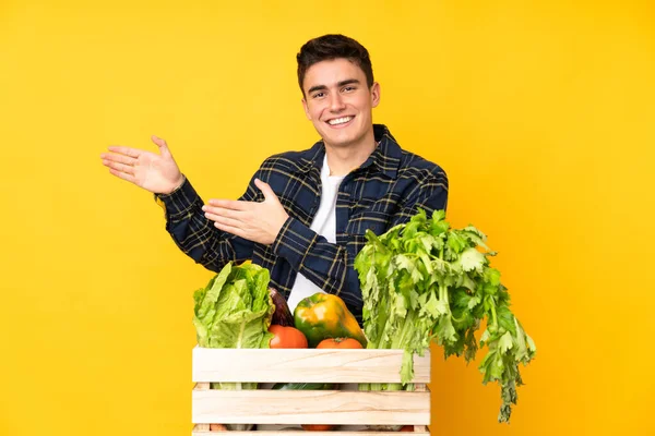 Hombre Adolescente Agricultor Con Verduras Recién Recogidas Una Caja Que — Foto de Stock