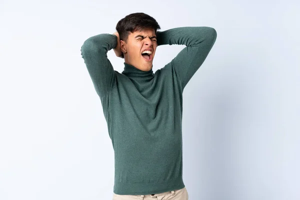 Handsome Man Isolated Blue Background Stressed Overwhelmed — Stock fotografie