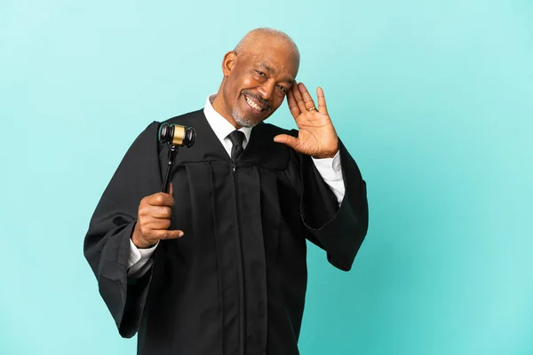 Judge Senior Man Isolated Blue Background Listening Something Putting Hand — Stock Photo, Image