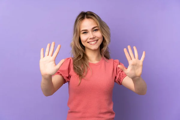 Teenager Russian Girl Isolated Purple Background Counting Ten Fingers — Stockfoto