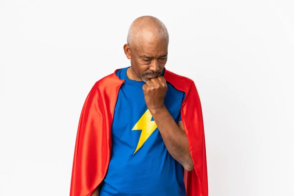 Super Hero Senior Man Isolated White Background Having Doubts — Stock Photo, Image