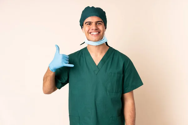 Surgeon Man Blue Uniform Isolated Background Making Phone Gesture — Foto de Stock