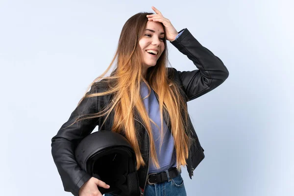 Mujer Con Casco Moto Riendo — Foto de Stock