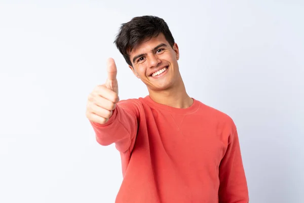 Handsome Man Isolated Blue Background Thumbs Because Something Good Has — Stock Photo, Image