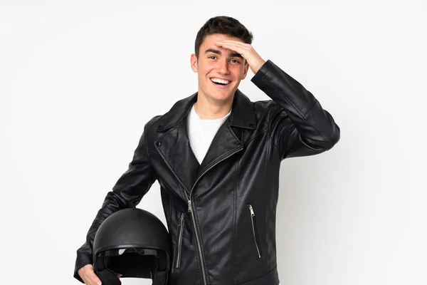 Homem Segurando Capacete Motocicleta Isolado Fundo Branco Com Expressão Facial — Fotografia de Stock