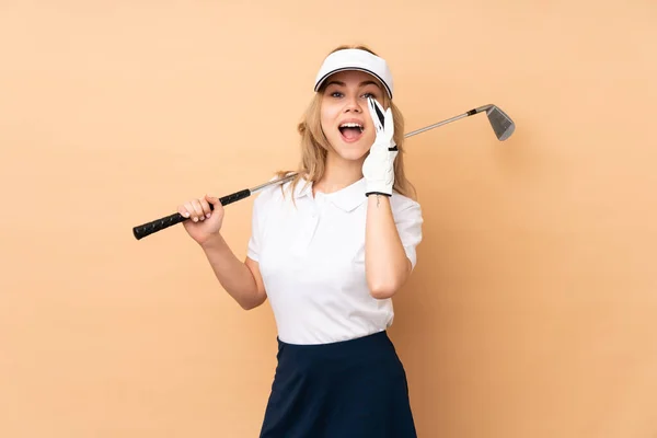 Teenager Russian Girl Isolated Beige Background Shouting Mouth Wide Open — Stock fotografie