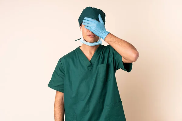 Surgeon Man Blue Uniform Isolated Background Covering Eyes Hands — Foto de Stock