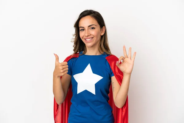 Super Hjälte Kvinna Över Isolerad Vit Bakgrund Visar Tecken Och — Stockfoto