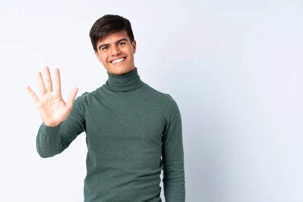 Handsome Man Isolated Blue Background Counting Five Fingers — Stock Photo, Image