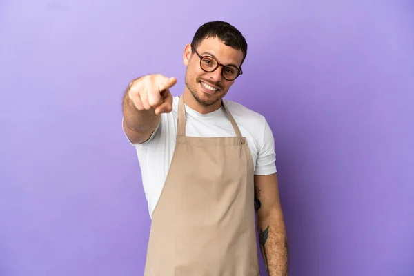 Brazilian Restaurant Waiter Isolated Purple Background Points Finger You Confident — Stock Photo, Image